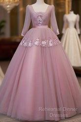 Dark Pink V-Neckline Ball Gown Lace Applique Sweet 16 Dress, Pink Semi Formal Prom Dress Party Dress